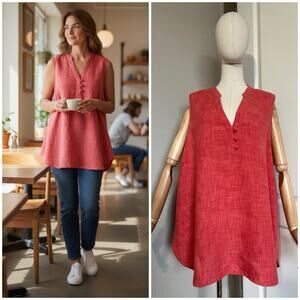 J.JILL Sz XL Split V-Neck Sleeveless Top Tunic Knot Buttons Woven Rust Coral